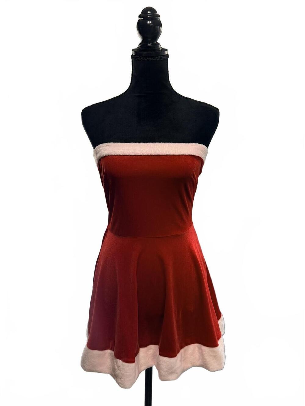 Christmas Red velour Santa dress Tube Mini Dress - Sexy Aesthetic - Size S